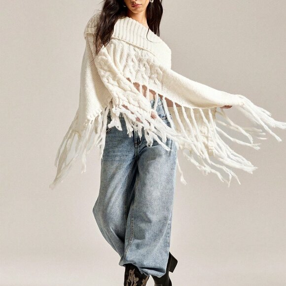 White Boho Chic Women's Off-Shoulder Poncho Sweater with Fringe - Picture 6 of 7